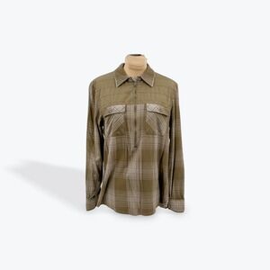 Ascend Olive Green Plaid Half Zip Up Shirt Long Sleeve Quilted Detail‎